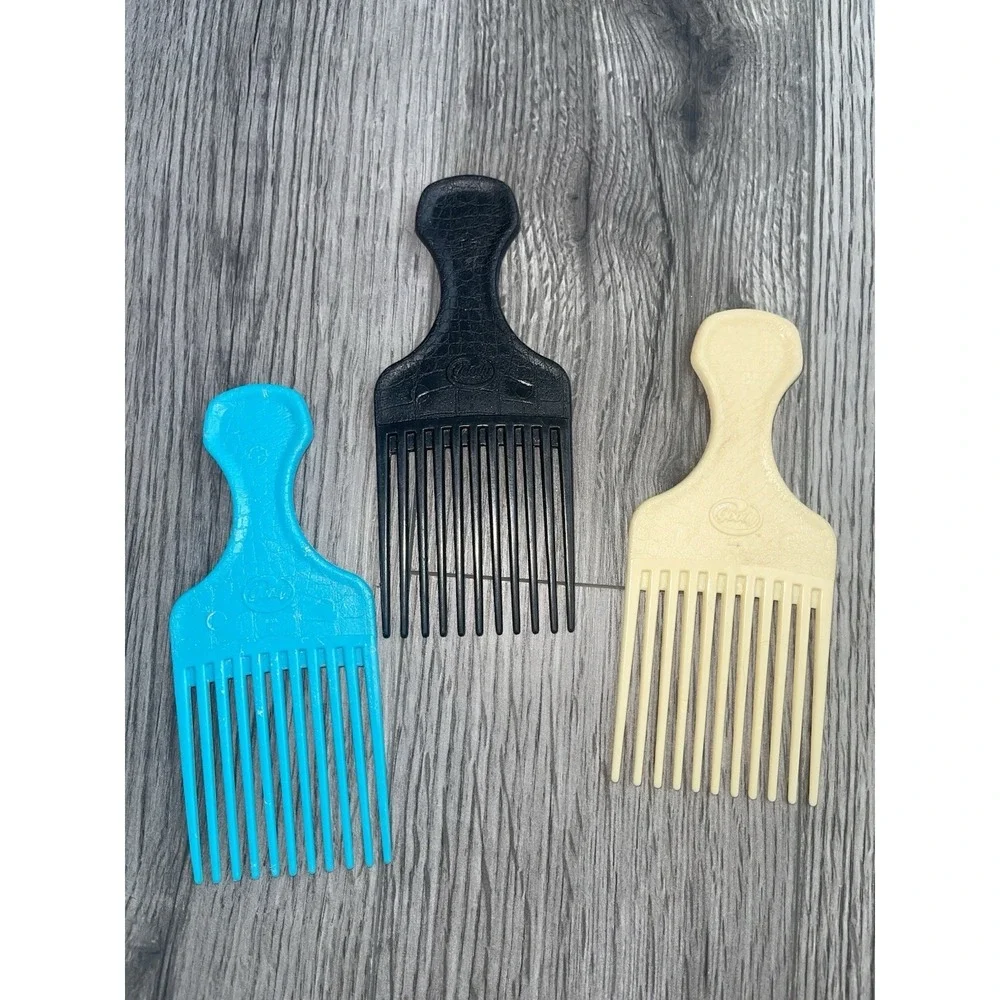 Vintage Goody USA Hair Picks/Lift Combs Textured Plastic Black Cream & Turquoise